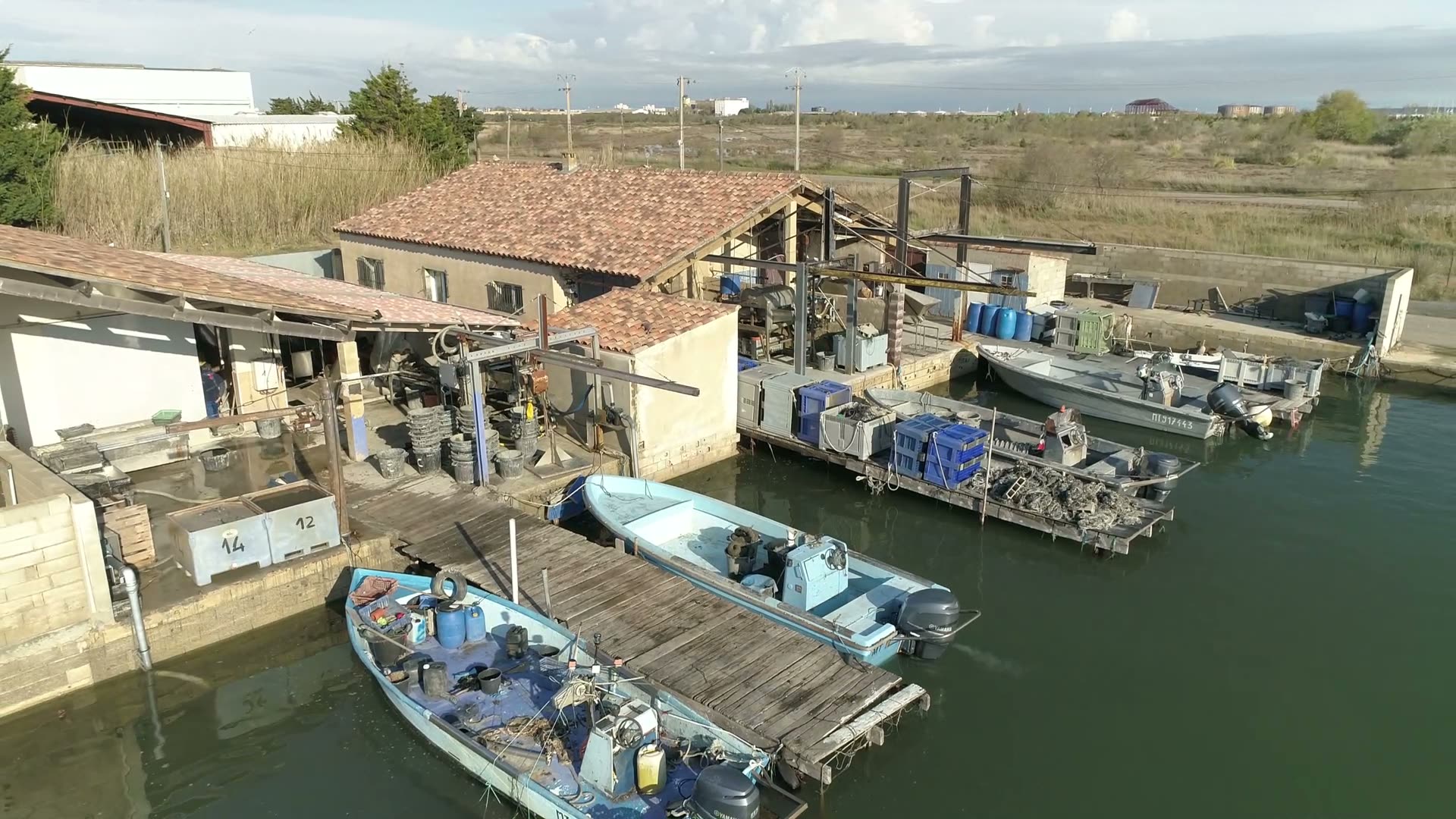 Vue aérienne du parc ostréicole en Camargue